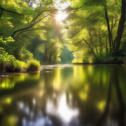 A serene river gently flowing through a lush forest, with sunlight glimmering on its surface.