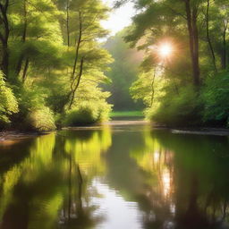 A serene river gently flowing through a lush forest, with sunlight glimmering on its surface.