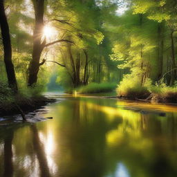 A serene river gently flowing through a lush forest, with sunlight glimmering on its surface.