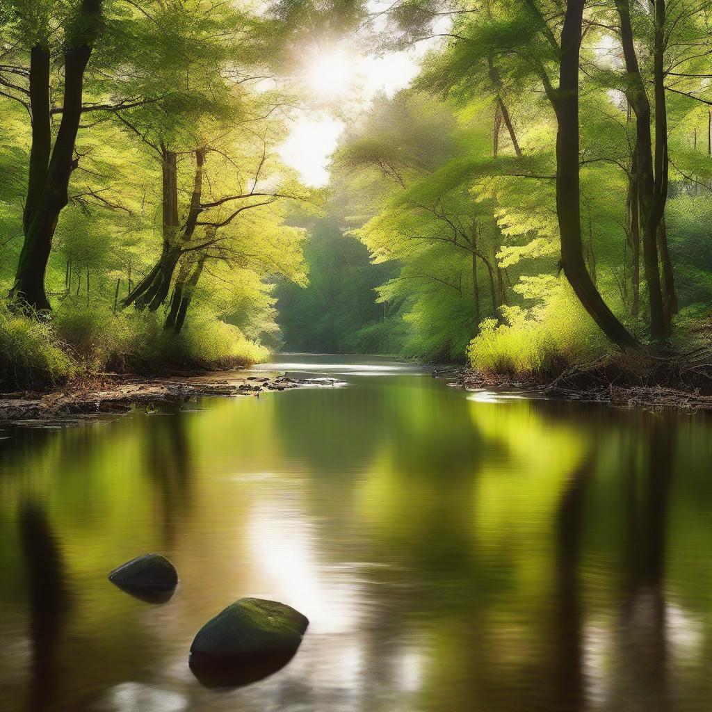 A serene river gently flowing through a lush forest, with sunlight glimmering on its surface.