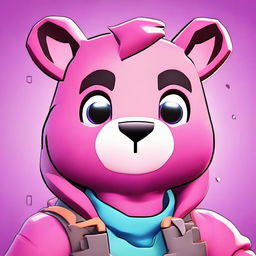 Close-up 2D outline animated style of Fortnite's Cuddle Team Leader's face, giving a thumbs down with expressive eyes and vibrant colors.