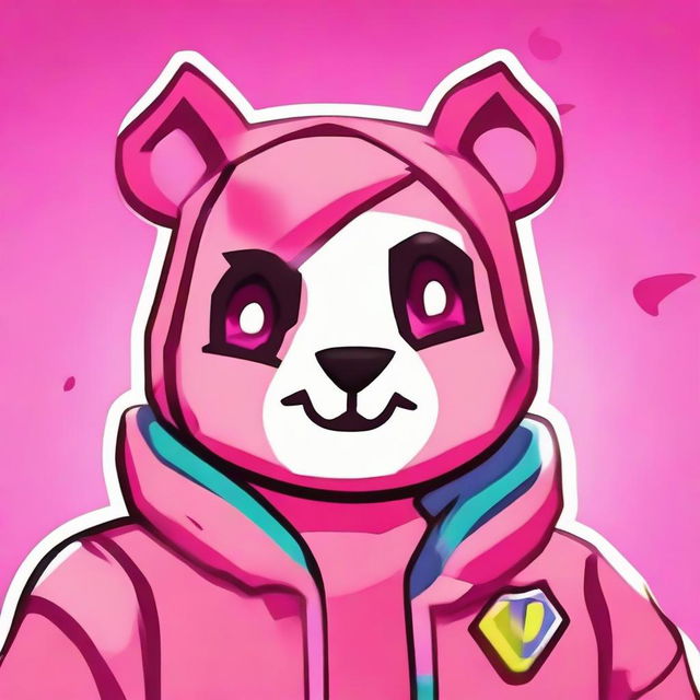 Close-up 2D outline animated style of Fortnite's Cuddle Team Leader's face, giving a thumbs down with expressive eyes and vibrant colors.