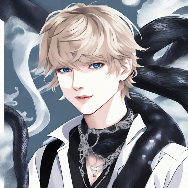 An anime depiction of Taylor Swift as a stylish boy attired in black, exuding an aura of reputation, an ethereal ice snake entwined around his neck.