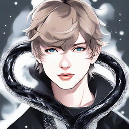 An anime depiction of Taylor Swift as a stylish boy attired in black, exuding an aura of reputation, an ethereal ice snake entwined around his neck.