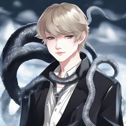 An anime depiction of Taylor Swift as a stylish boy attired in black, exuding an aura of reputation, an ethereal ice snake entwined around his neck.