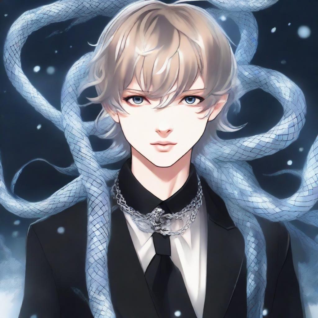 An anime depiction of Taylor Swift as a stylish boy attired in black, exuding an aura of reputation, an ethereal ice snake entwined around his neck.