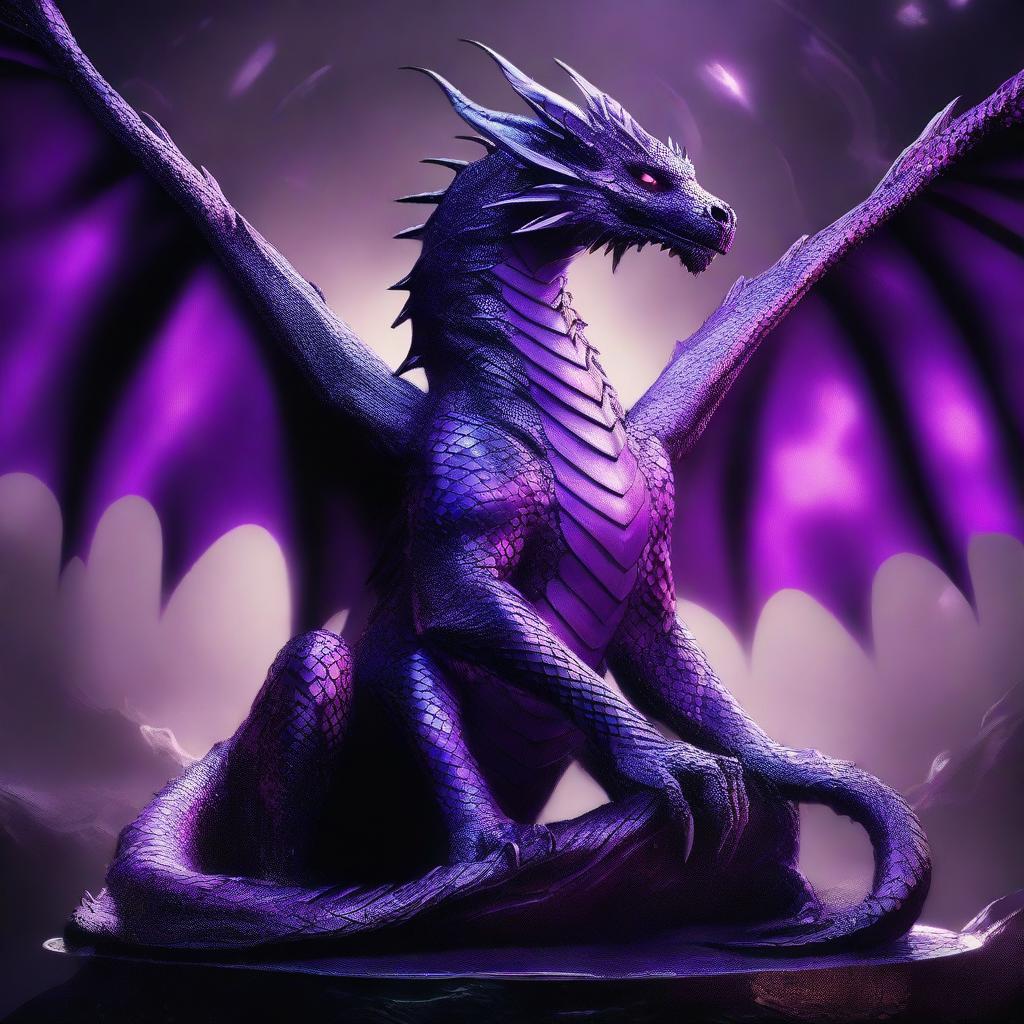 A digital art piece of a large purple dragon, its scales glistening under the light, with glowing silver eyes radiating magical energy