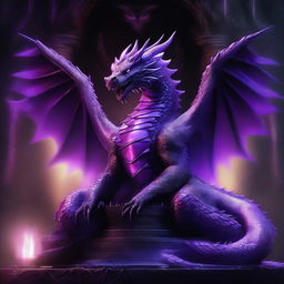 A digital art piece of a large purple dragon, its scales glistening under the light, with glowing silver eyes radiating magical energy