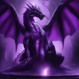 A digital art piece of a large purple dragon, its scales glistening under the light, with glowing silver eyes radiating magical energy