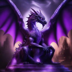 A digital art piece of a large purple dragon, its scales glistening under the light, with glowing silver eyes radiating magical energy