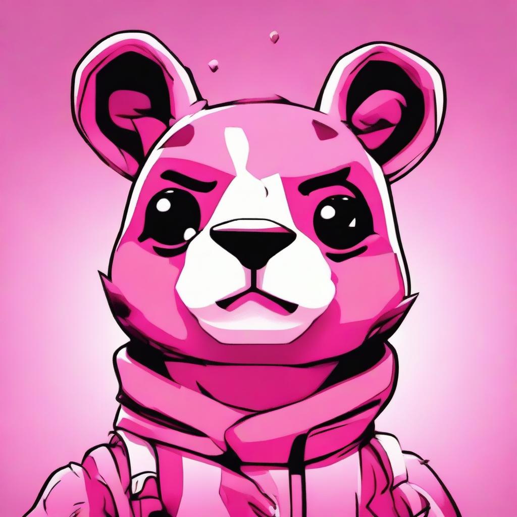 2D outline animated close-up of Fortnite's Cuddle Team Leader upset, featuring expressive eyes, a downturned mouth, and vibrant colors.