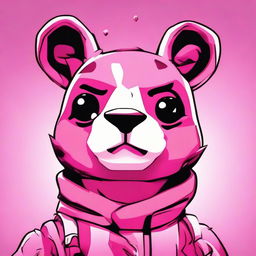 2D outline animated close-up of Fortnite's Cuddle Team Leader upset, featuring expressive eyes, a downturned mouth, and vibrant colors.