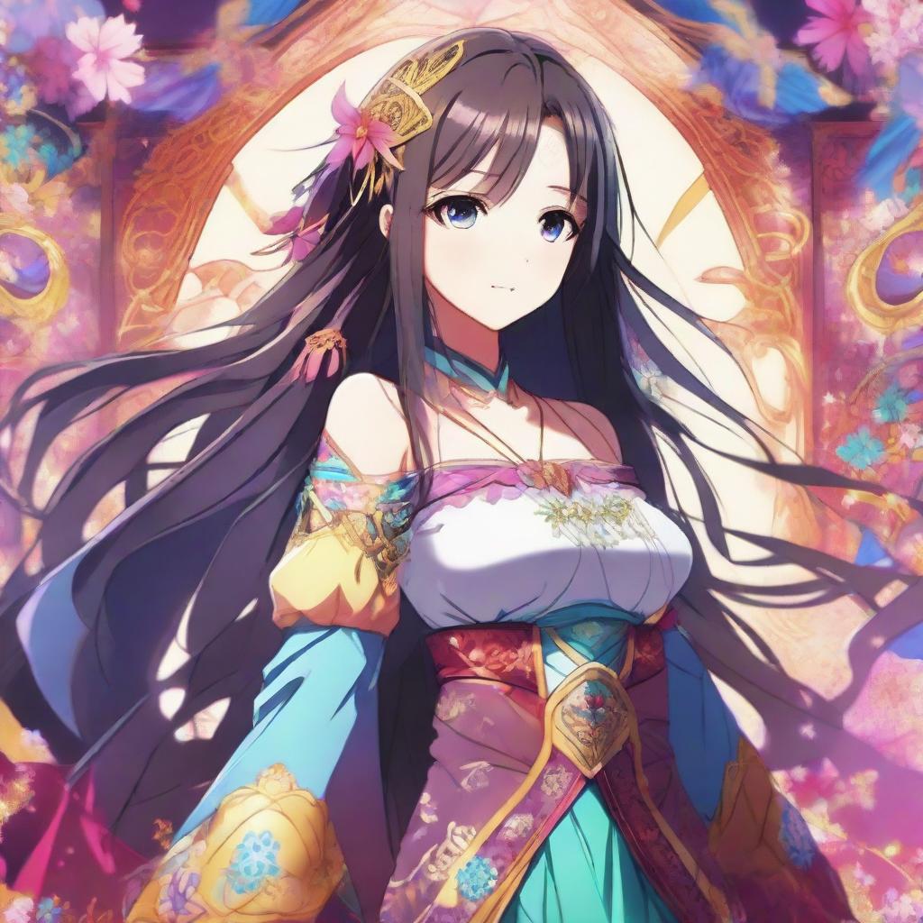 A confident young female anime character with bright eyes, long flowing hair, and an intricate costume, centered in a vibrant backdrop.