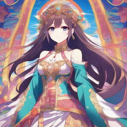 A confident young female anime character with bright eyes, long flowing hair, and an intricate costume, centered in a vibrant backdrop.