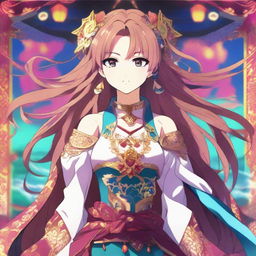 A confident young female anime character with bright eyes, long flowing hair, and an intricate costume, centered in a vibrant backdrop.