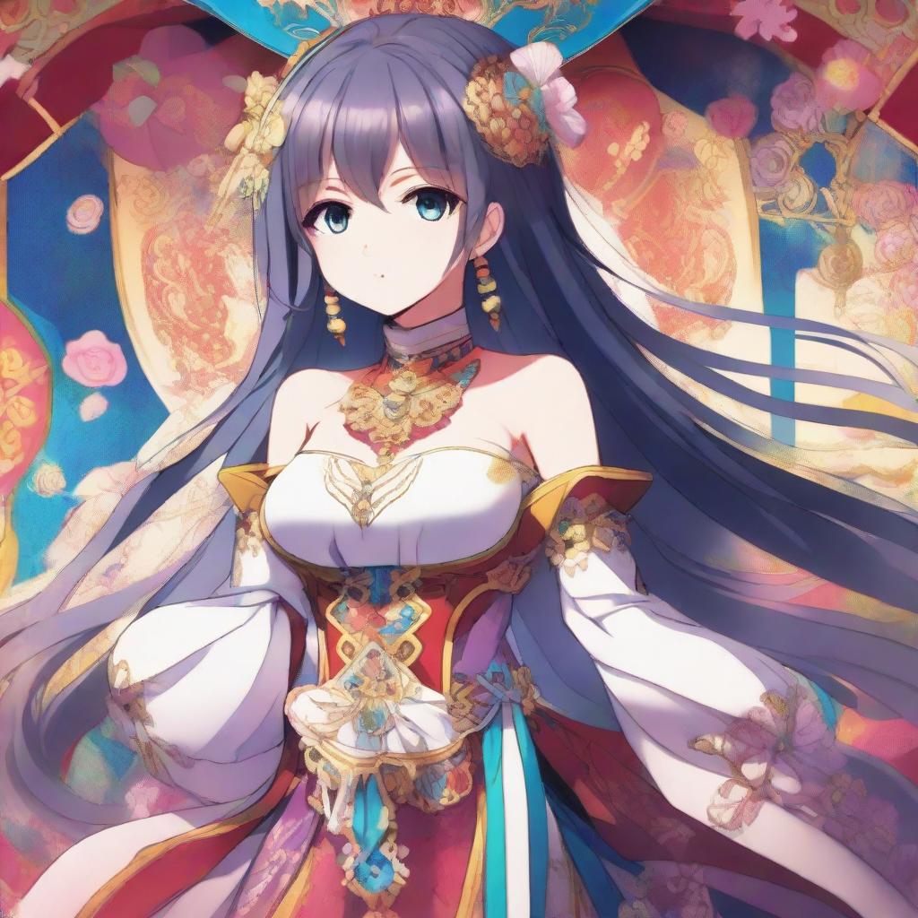 A confident young female anime character with bright eyes, long flowing hair, and an intricate costume, centered in a vibrant backdrop.