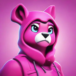 Close-up of an upset Fortnite's Cuddle Team Leader, rendered in 2D outline animated style with expressive eyes and vibrant colors.