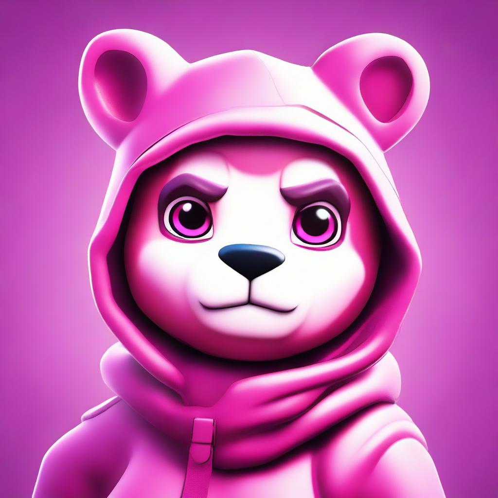 Close-up of an upset Fortnite's Cuddle Team Leader, rendered in 2D outline animated style with expressive eyes and vibrant colors.