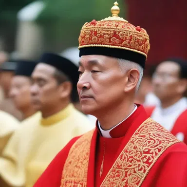 During the religious ceremony, the priest wore a cap with decorative earlaps.