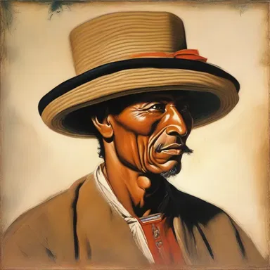 The painting depicted a man wearing a traditional hat with stylish earlaps.