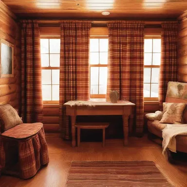 The cozy cabin featured decorative curtains with earlaps to add warmth and charm to the interior.