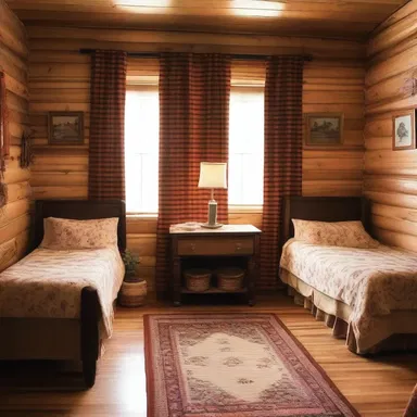 The cozy cabin featured decorative curtains with earlaps to add warmth and charm to the interior.