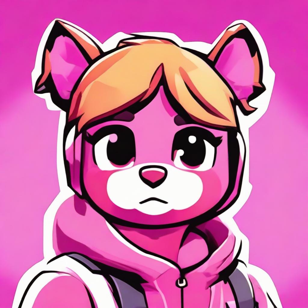 Close-up portrayal of Fortnite's Cuddle Team Leader looking upset, expressed in a 2D outline animated style with vivid colors and expressive eyes.