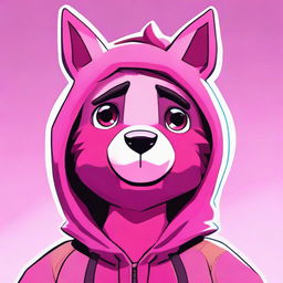 Close-up portrayal of Fortnite's Cuddle Team Leader looking upset, expressed in a 2D outline animated style with vivid colors and expressive eyes.