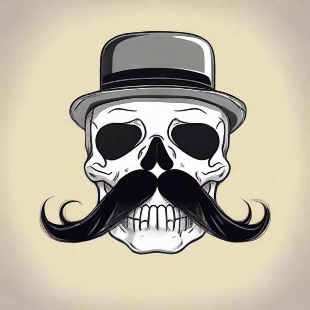 Draw a skull with a stylish, distinctive mustache providing a unique and interesting combination of morbidity and humor.