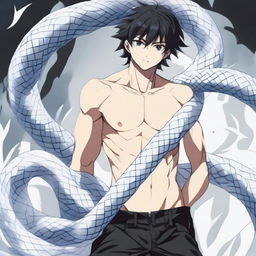 A serious-faced, bare-chested anime boy, wearing only black shorts, with a majestic ice snake elegantly coiled around his neck.