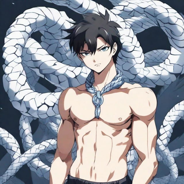 A serious-faced, bare-chested anime boy, wearing only black shorts, with a majestic ice snake elegantly coiled around his neck.