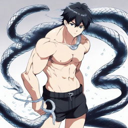 A serious-faced, bare-chested anime boy, wearing only black shorts, with a majestic ice snake elegantly coiled around his neck.