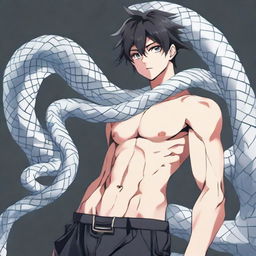 A serious-faced, bare-chested anime boy, wearing only black shorts, with a majestic ice snake elegantly coiled around his neck.