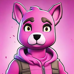 Close-up of Fortnite's Cuddle Team Leader looking upset, in 2D outline animated style with expressive eyes and vibrant colors.