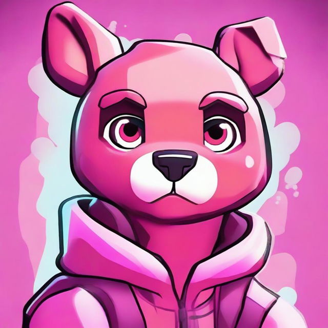 Close-up of Fortnite's Cuddle Team Leader looking upset, in 2D outline animated style with expressive eyes and vibrant colors.