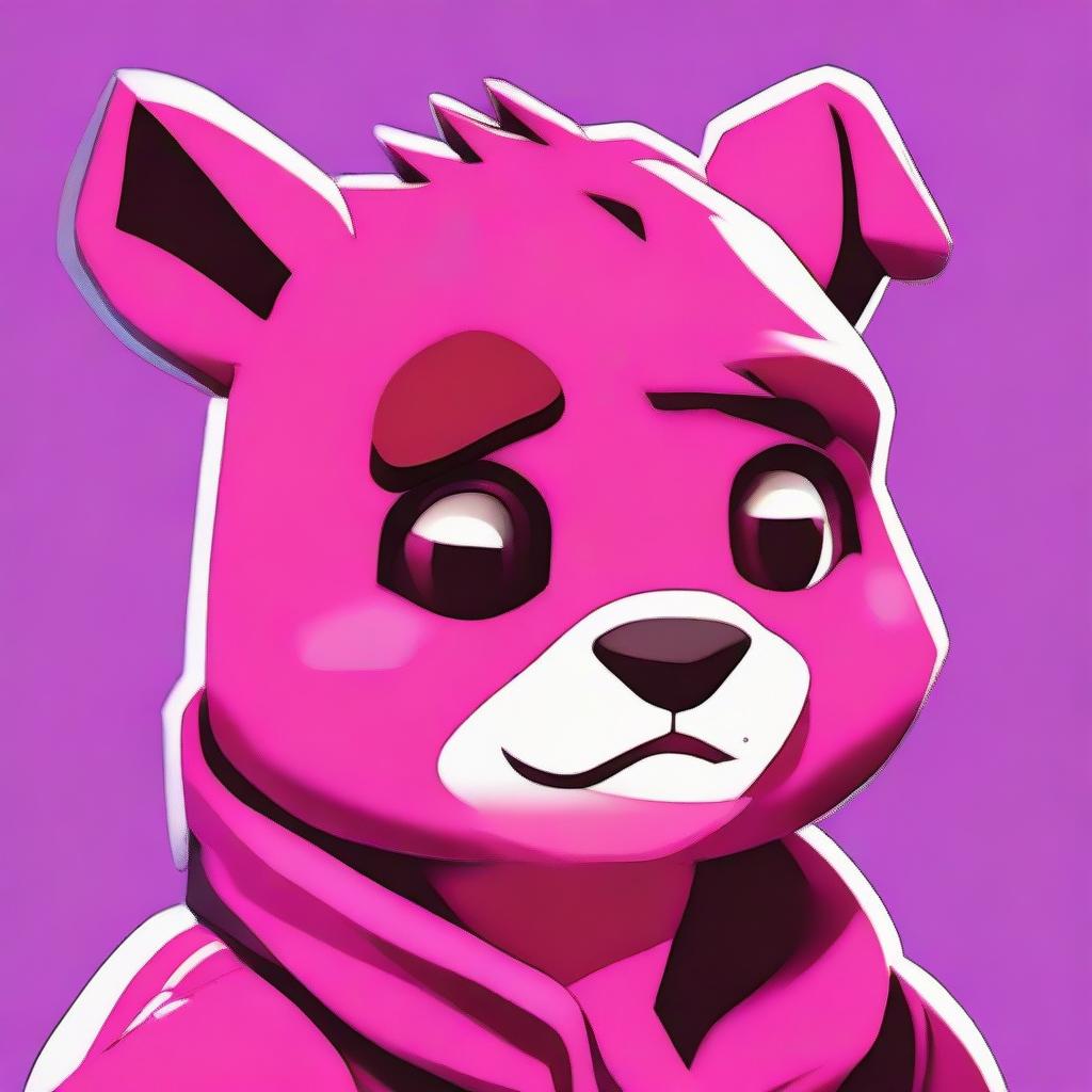 Close-up of Fortnite's Cuddle Team Leader looking upset, in 2D outline animated style with expressive eyes and vibrant colors.