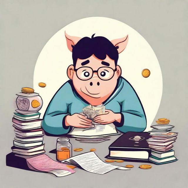 A graphical representation of a stressed student sitting at a desk cluttered with textbooks and a piggy bank filled with coins, symbolizing financial stress in education.