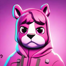 Close-up of Fortnite's Cuddle Team Leader looking upset, presented in 2D outline animated style with expressive eyes and a vibrant color scheme.