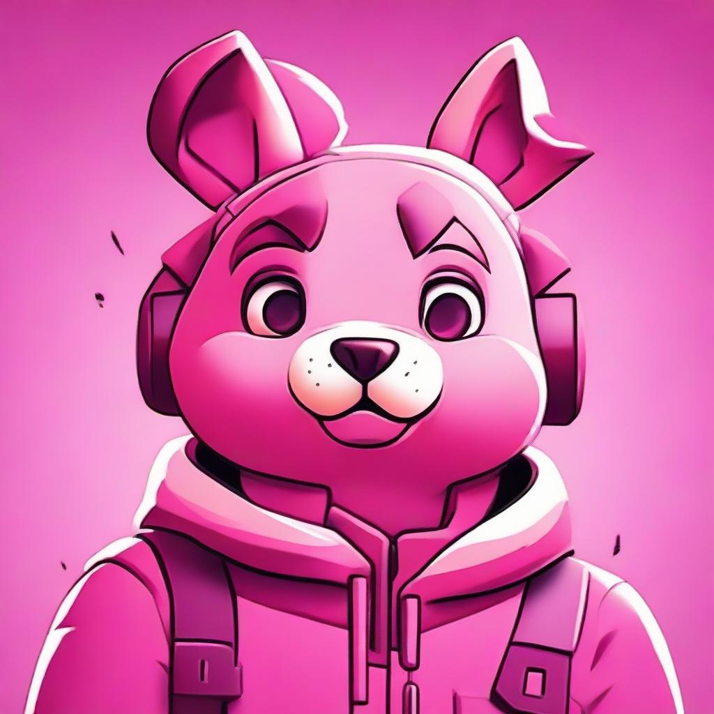 2D outline animated style close-up of Fortnite's Cuddle Team Leader looking upset, showcasing expressive eyes and vibrant pink colors.