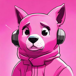 2D outline animated style close-up of Fortnite's Cuddle Team Leader looking upset, showcasing expressive eyes and vibrant pink colors.