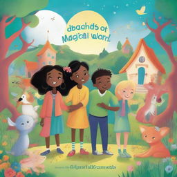 An illustrated children's book cover titled 'Friends of the Magical World', focusing on themes of friendship, respect, solidarity and social development in colorful, magical settings.