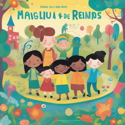 An illustrated children's book cover titled 'Friends of the Magical World', focusing on themes of friendship, respect, solidarity and social development in colorful, magical settings.