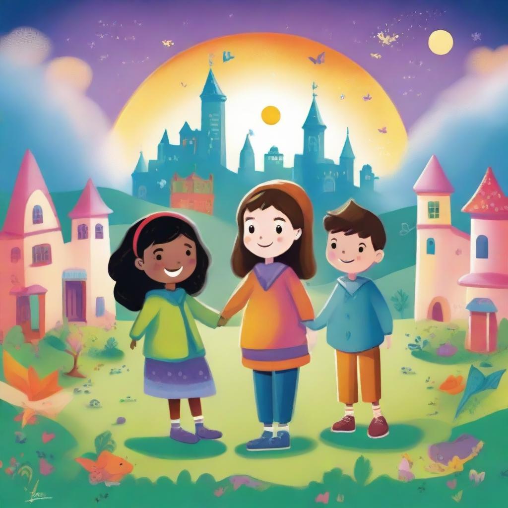 An illustrated children's book cover titled 'Friends of the Magical World', focusing on themes of friendship, respect, solidarity and social development in colorful, magical settings.