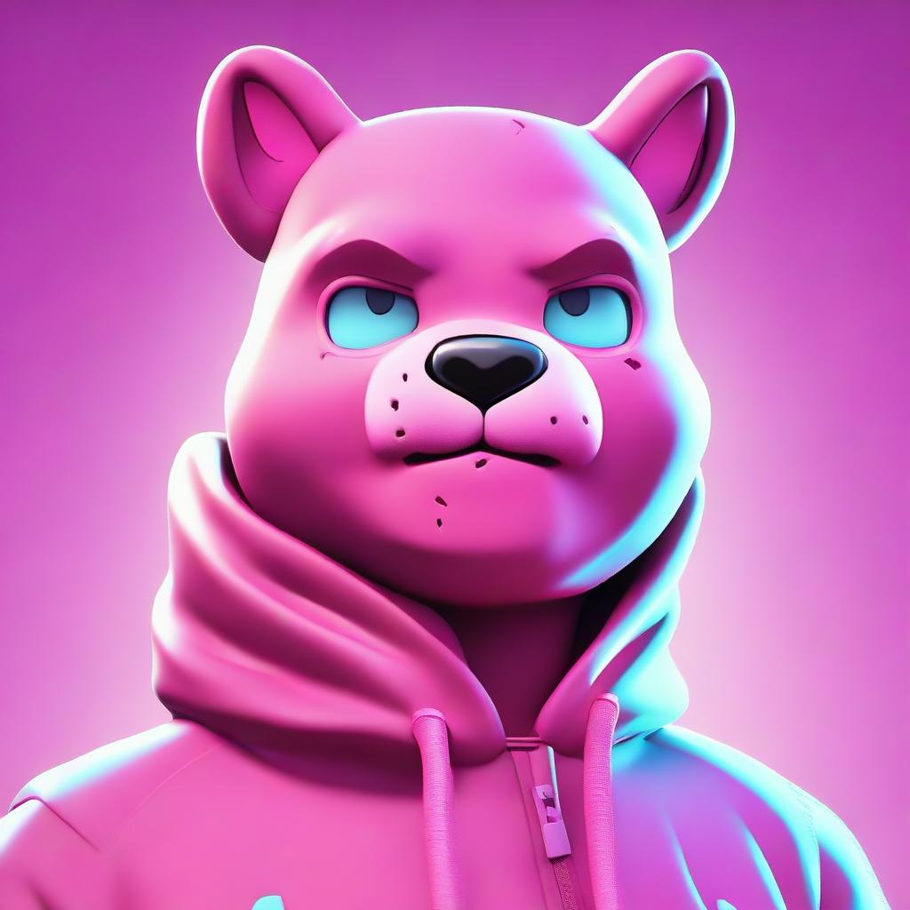 Close-up view of upset Fortnite's Cuddle Team Leader, rendered in 2D outline animated style highlighting expressive eyes and vibrant colors.