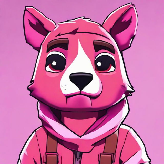 Close up, 2D outline animated style depiction of Fortnite's Cuddle Team Leader looking upset, showcasing expressive eyes and vibrant colors.