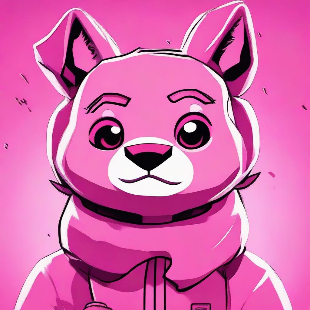 Close up, 2D outline animated style depiction of Fortnite's Cuddle Team Leader looking upset, showcasing expressive eyes and vibrant colors.