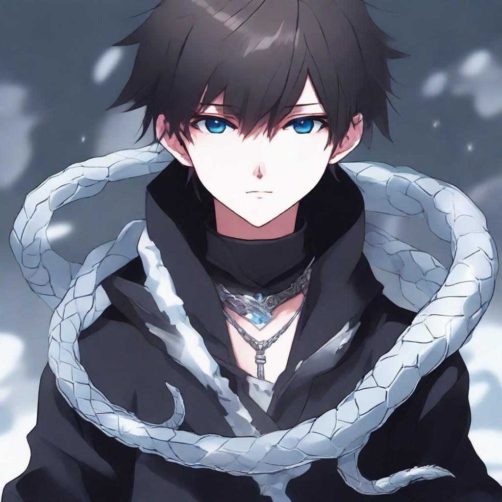 An anime boy with a serious face, clothed in black aesthetic attire, with a crystalline ice snake wrapped around his neck.