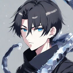 An anime boy with a serious face, clothed in black aesthetic attire, with a crystalline ice snake wrapped around his neck.