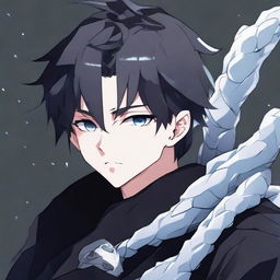 An anime boy with a serious face, clothed in black aesthetic attire, with a crystalline ice snake wrapped around his neck.