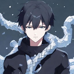 An anime boy with a serious face, clothed in black aesthetic attire, with a crystalline ice snake wrapped around his neck.